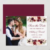 Burgundy Floral foto slaat de datum op Save The Date (Voorkant / Achterkant)