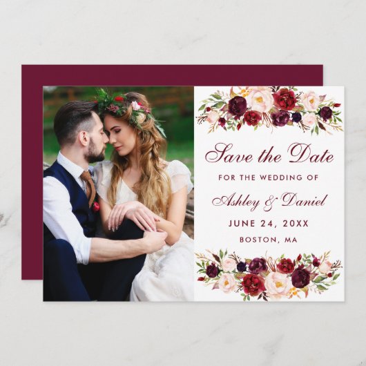 Burgundy Floral foto slaat de datum op Save The Date (Voorkant / Achterkant)