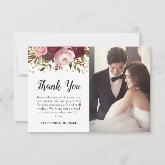 Burgundy Floral Foto Weduwschap Bedankt (Voorkant)