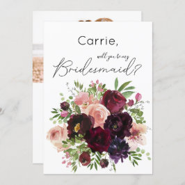 Burgundy Floral & Foto word jij mijn Bridesmaid? Kaart