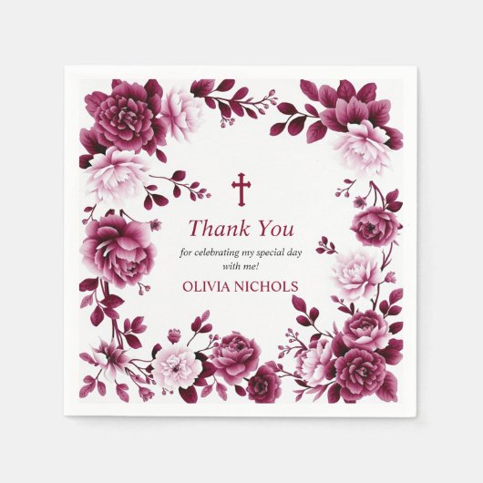 Burgundy floral frame girl Baptism Thank you Servet (Voorkant)