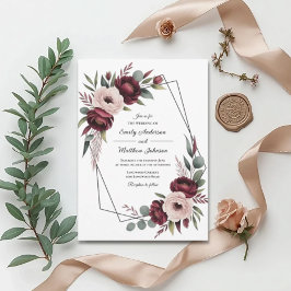 Burgundy Floral Frame Wedding Invitation Kaart