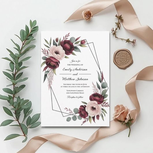Burgundy Floral Frame Wedding Invitation Kaart