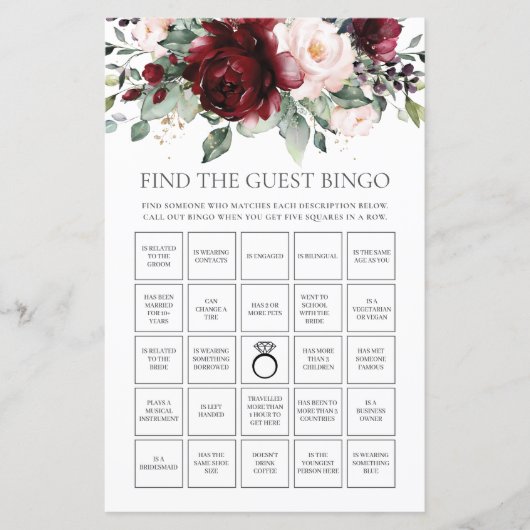 Burgundy Floral Fun Bridal vind de Gast Bingo (Voorkant)
