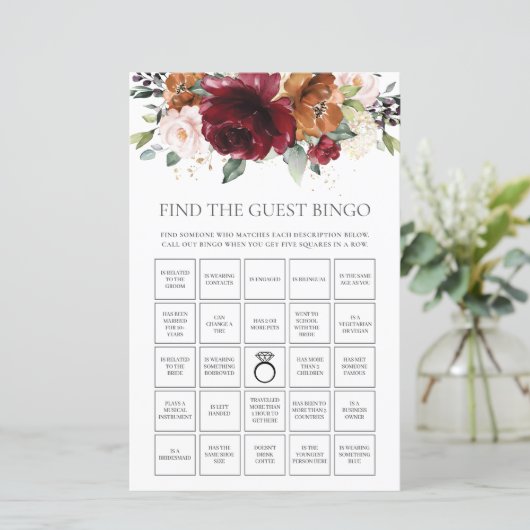 Burgundy Floral Fun Bridal vind de Gast Bingo (Staand voorkant)