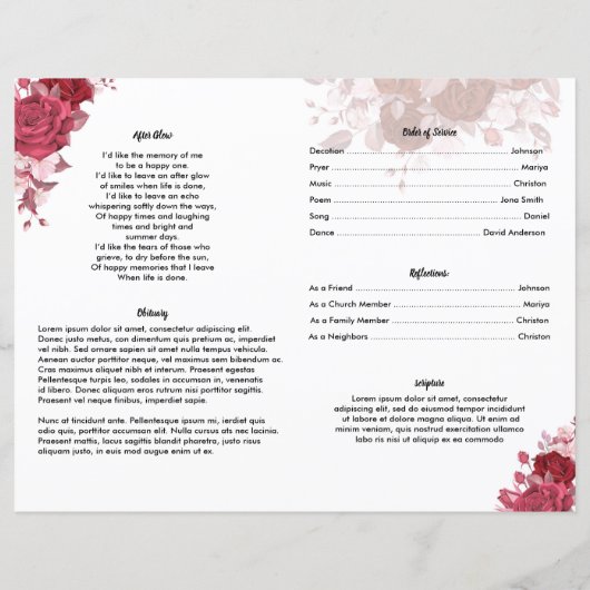 Burgundy Floral Funeral Program Sjabloon (Achterkant)