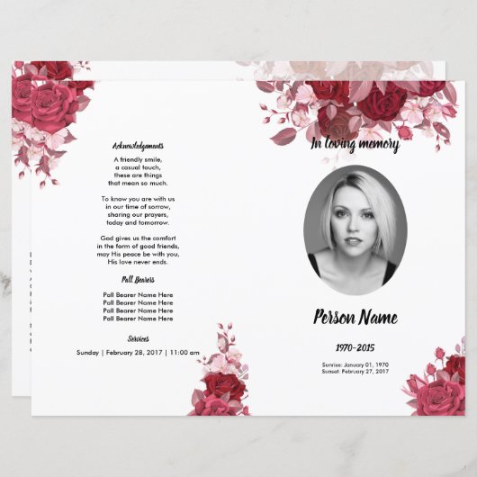 Burgundy Floral Funeral Program Sjabloon (Voorkant / Achterkant)