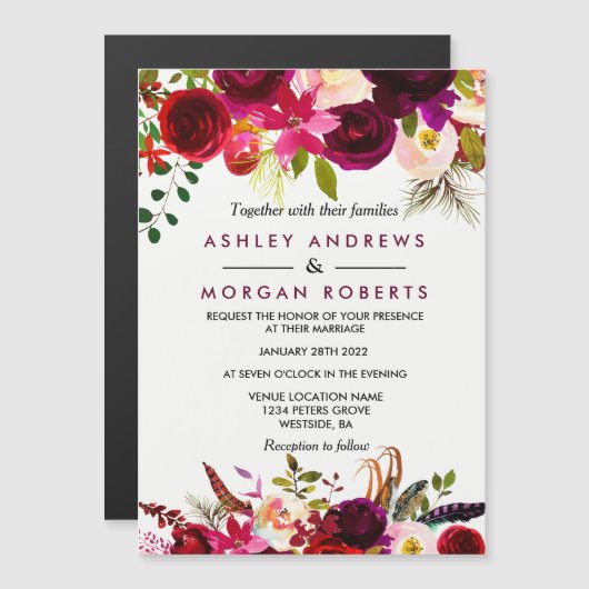 Burgundy Floral Garden Boho Wedding Invitation Magnetische Uitnodiging (Voorkant / Achterkant)