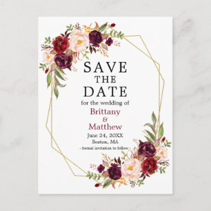 Burgundy Floral Geo Lijst Save the Date Briefkaart