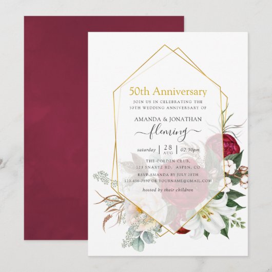 Burgundy Floral Geometric 50th Wedding Jubileum Kaart (Voorkant / Achterkant)