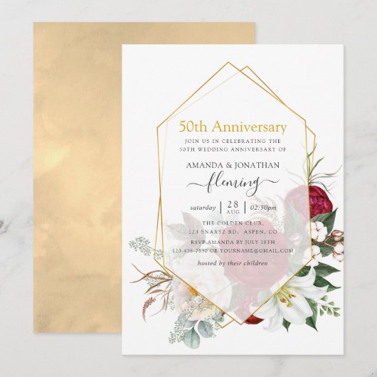 Burgundy Floral Geometric 50th Wedding Jubileum Kaart (Voorkant / Achterkant)