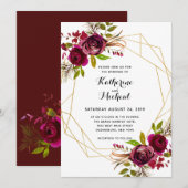 Burgundy floral geometric bruiloft-uitnodiging kaart (Voorkant / Achterkant)