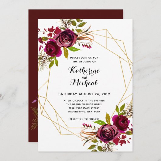 Burgundy floral geometric bruiloft-uitnodiging kaart (Voorkant / Achterkant)