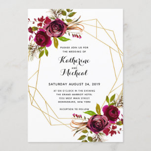 Burgundy floral geometric bruiloft-uitnodiging kaart