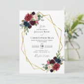 Burgundy floral geometric bruiloft-uitnodiging kaart (Staand voorkant)