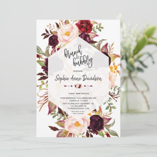 Burgundy Floral Geometric Brunch en Bubble Kaart (Staand voorkant)