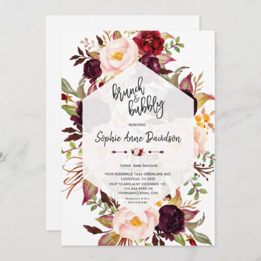 Burgundy Floral Geometric Brunch en Bubble Kaart (Voorkant / Achterkant)