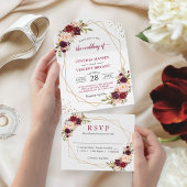 Burgundy Floral Geometric (Geen ENV nodig) Wedding All In One Uitnodiging