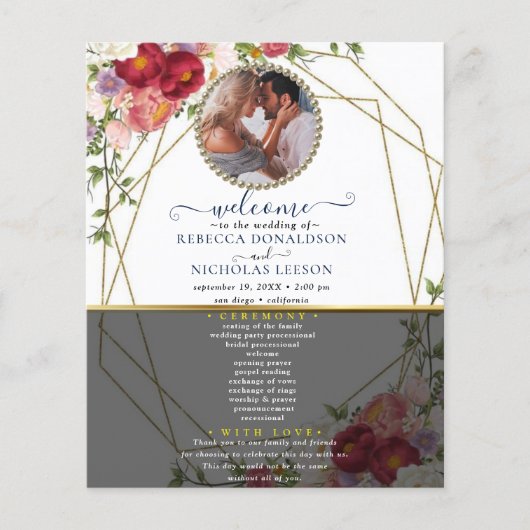 Burgundy Floral Geometric Gold Wedding Programme (Voorkant)