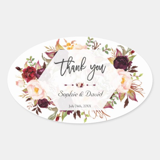 Burgundy Floral Geometric Handwriting Weddenschap Ovale Sticker (Voorkant)