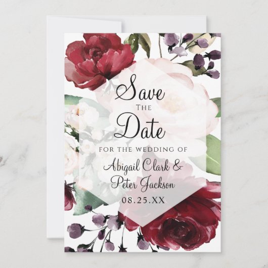 Burgundy Floral Geometric Hexagon Vellum Save The Date (Voorkant)
