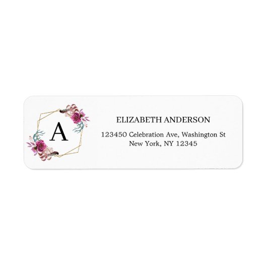 Burgundy Floral Geometric Lijst Monogram Namen Etiket (Voorkant)