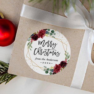 Burgundy Floral Geometric Merry kerstavond Ronde Sticker