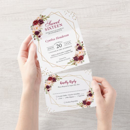Burgundy Floral Geometric Sweet Sixteen All In One Uitnodiging (Afscheurbaar)