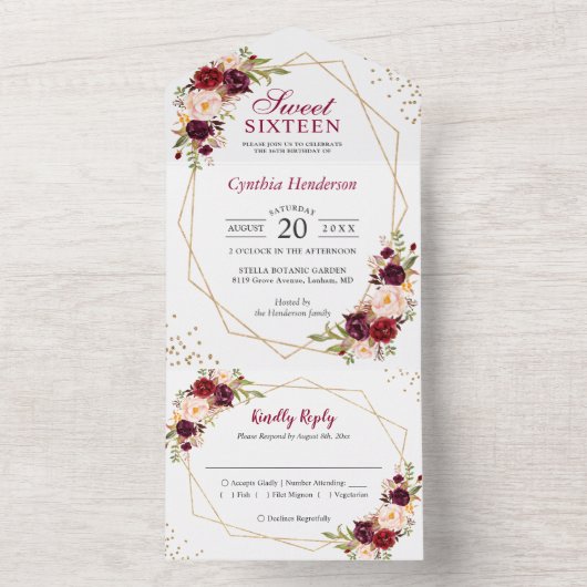 Burgundy Floral Geometric Sweet Sixteen All In One Uitnodiging (Binnen)