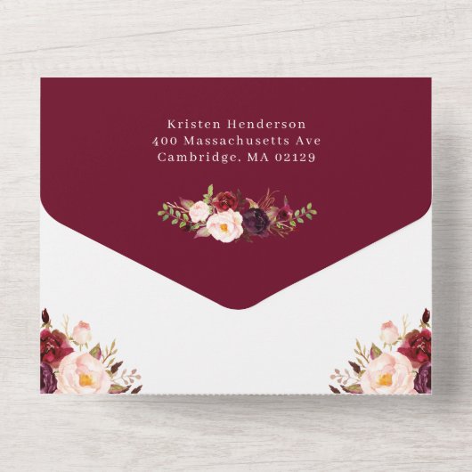 Burgundy Floral Geometric Sweet Sixteen All In One Uitnodiging (Achterkant)