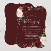 Burgundy Floral Glitter Herfst Autumn Wedding Invi Kaart (Voorkant / Achterkant)