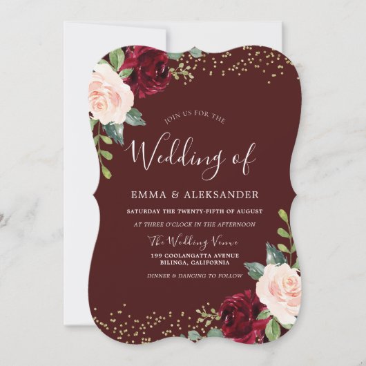 Burgundy Floral Glitter Herfst Autumn Wedding Invi Kaart (Voorkant)