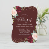 Burgundy Floral Glitter Herfst Autumn Wedding Invi Kaart (Staand voorkant)