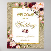 Burgundy Floral Glitter Wedding Welcome Poster (Voorkant)