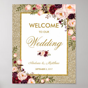 Burgundy Floral Glitter Wedding Welcome Poster