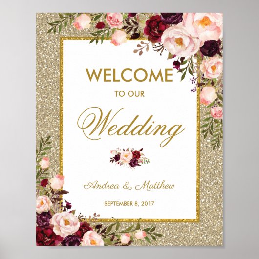 Burgundy Floral Glitter Wedding Welcome Poster (Voorkant)