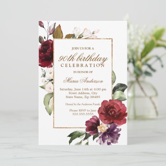 Burgundy Floral Gold 90th Birthday Party Kaart (Staand voorkant)