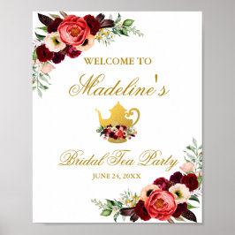Burgundy Floral Gold Boho Bridal Tea Welkom Poster