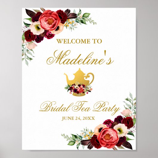 Burgundy Floral Gold Boho Bridal Tea Welkom Poster (Voorkant)