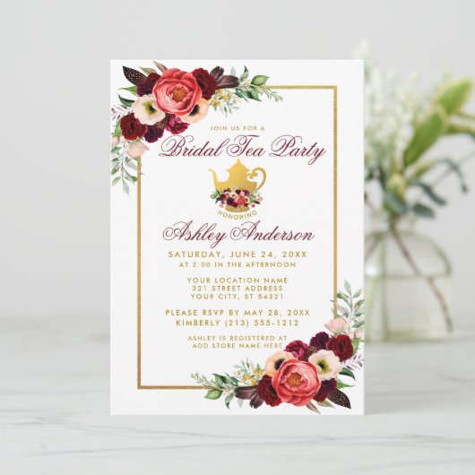 Burgundy Floral Gold Boho Vrijgezellenfeest Tea Pa Kaart (Staand voorkant)