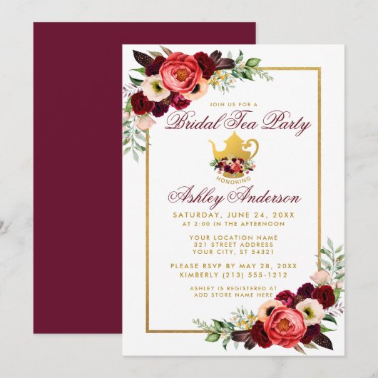 Burgundy Floral Gold Boho Vrijgezellenfeest Tea Pa Kaart (Voorkant / Achterkant)