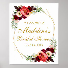 Burgundy Floral Gold Boho Vrijgezellenfeest Welkom Poster