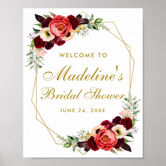 Burgundy Floral Gold Boho Vrijgezellenfeest Welkom Poster (Voorkant)