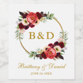 Burgundy Floral Gold Boho Wedding Wreath Wijn Etiket (Enkel label)