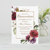 Burgundy Floral Gold Border Quinceanera Party Kaart