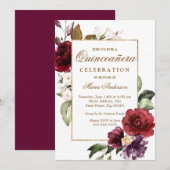 Burgundy Floral Gold Border Quinceanera Party Kaart (Voorkant / Achterkant)