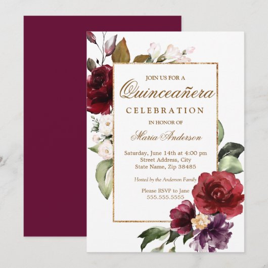 Burgundy Floral Gold Border Quinceanera Party Kaart