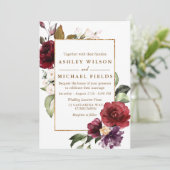Burgundy Floral Gold Border Waterverf Wedding Kaart (Staand voorkant)