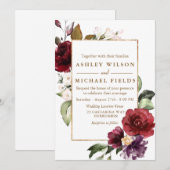 Burgundy Floral Gold Border Waterverf Wedding Kaart (Voorkant / Achterkant)