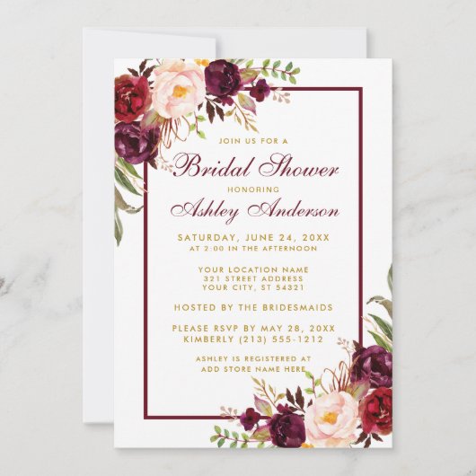 Burgundy Floral Gold Bridal Shower Invitation BF Kaart (Voorkant)